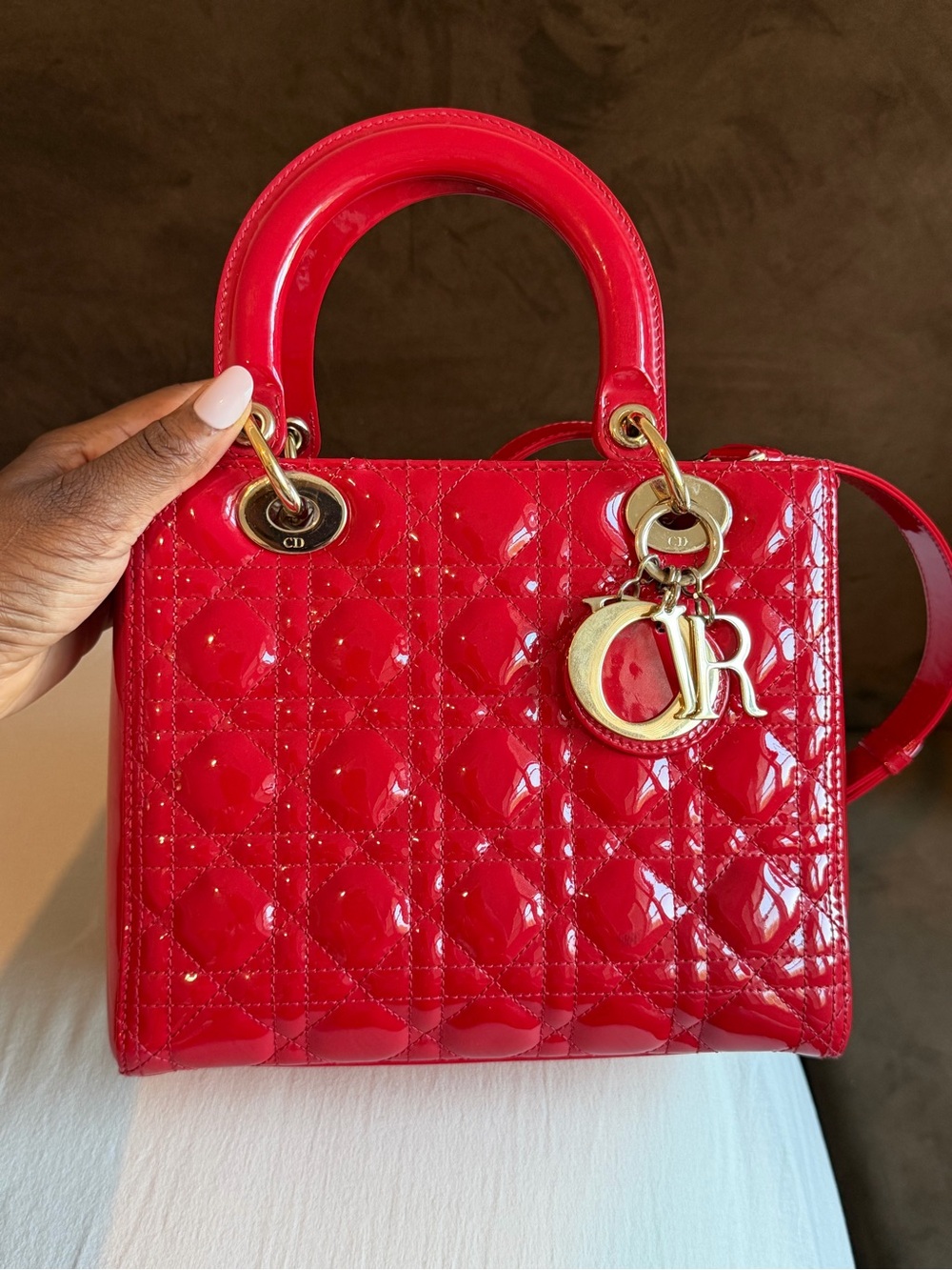 Dior Red Patent Lady Dior Bag with Gold Hardware